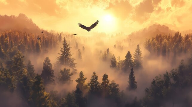 Flying over a beautiful sunny forest with mist during sunset - Powered by Adobe