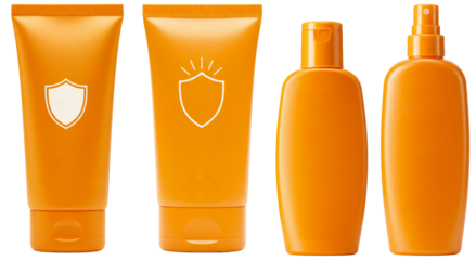 Assorted orange cosmetic bottles with labels on transparent background  