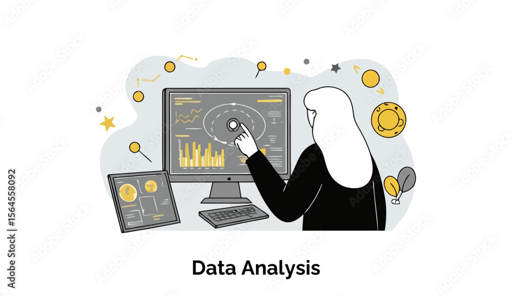 Poster female data analyst in business attire interacting with data visualizations on a computer screen in 