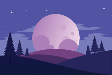 Serene Night Landscape Full Moon over Silhouetted Hills and Pines
