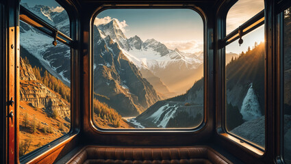 Naklejka premium Breathtaking mountain view seen through the windows of a classic train carriage on a sunny day.