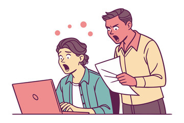 Shocked colleagues reacting to bad news on laptop and paper during a meeting