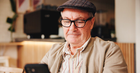 Face, glasses and phone with old man in coffee shop to relax for retirement, service or wellness....