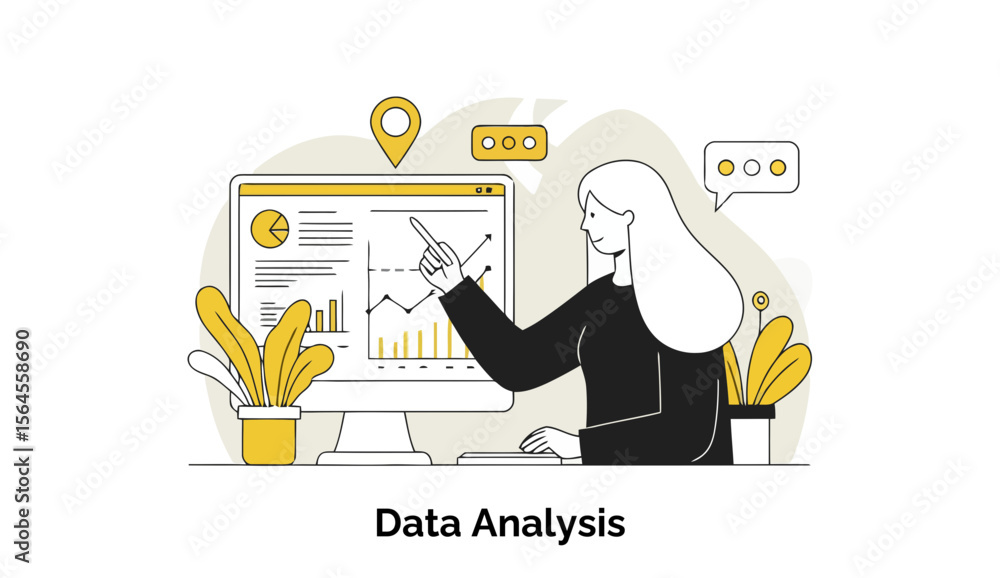 Poster female professional presenting data analysis on a computer screen in an office setting. presenting d