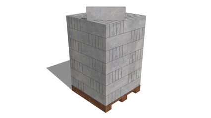 Rendered image of a tall stack of 60cm x 20cm x 7.5cm lightweight bricks on a wooden pallet, with one brick placed on top at an angle to show its individual form, defining construction materials