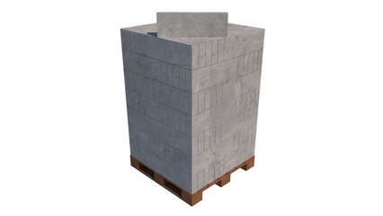 Rendered image of a tall stack of 60cm x 20cm x 7.5cm lightweight bricks on a wooden pallet, with one brick placed on top at an angle to show its individual form, defining construction materials