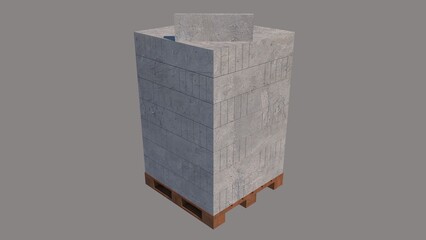 Rendered image of a tall stack of 60cm x 20cm x 7.5cm lightweight bricks on a wooden pallet, with one brick placed on top at an angle to show its individual form, defining construction materials