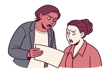 Two women express shock and disbelief while looking at a document together their faces contorted in surprise and concern