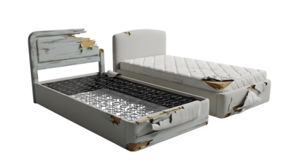 Dilapidated Beds with Exposed Springs, isolated on transparent background