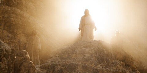 Jesus Christ with glowing light standing on a hill as men on their knees bow before him at sunset, religious concept.