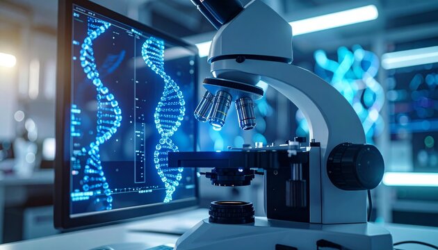 AI Analyzing DNA Structure in Futuristic Microscope 