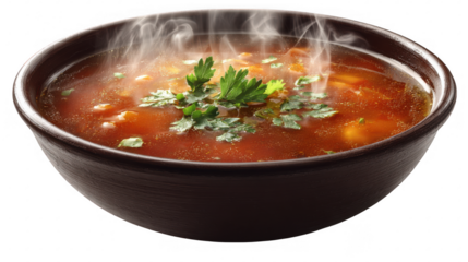 Illustration of steaming bowl of tomato soup with parsley, isolated on transparent background