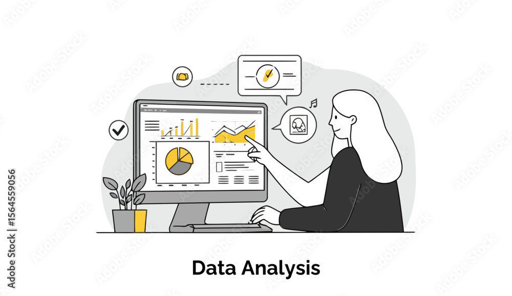 Aufkleber a young woman in a professional setting, dressed in a dark top, actively analyzes data on a computer