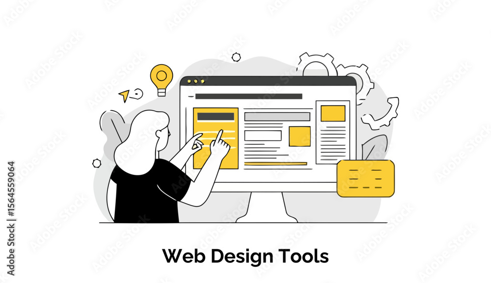 Poster female web designer reviewing website design tools in a home office setting. woman in casual attire 
