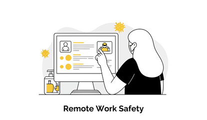 Obraz premium Female employee in a black shirt and face mask reviewing remote work safety protocols on a computer screen in an office setting. Female employee in a work-from-home environment checking compliance.