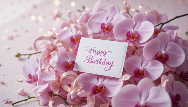 Elegant arrangement of soft pink orchids with a delicate happy birthday card