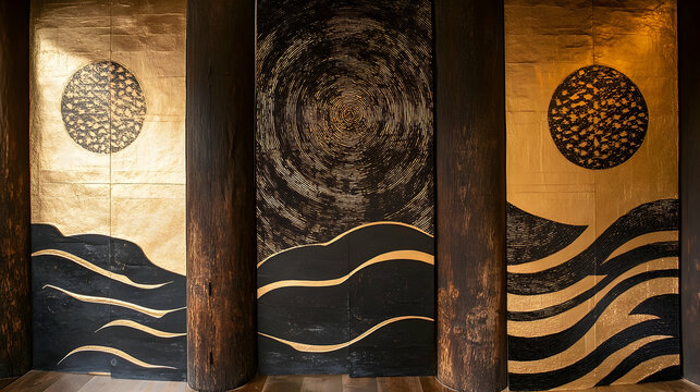 Abstract gold and black wave pattern on wood panels interior design background - Powered by Adobe