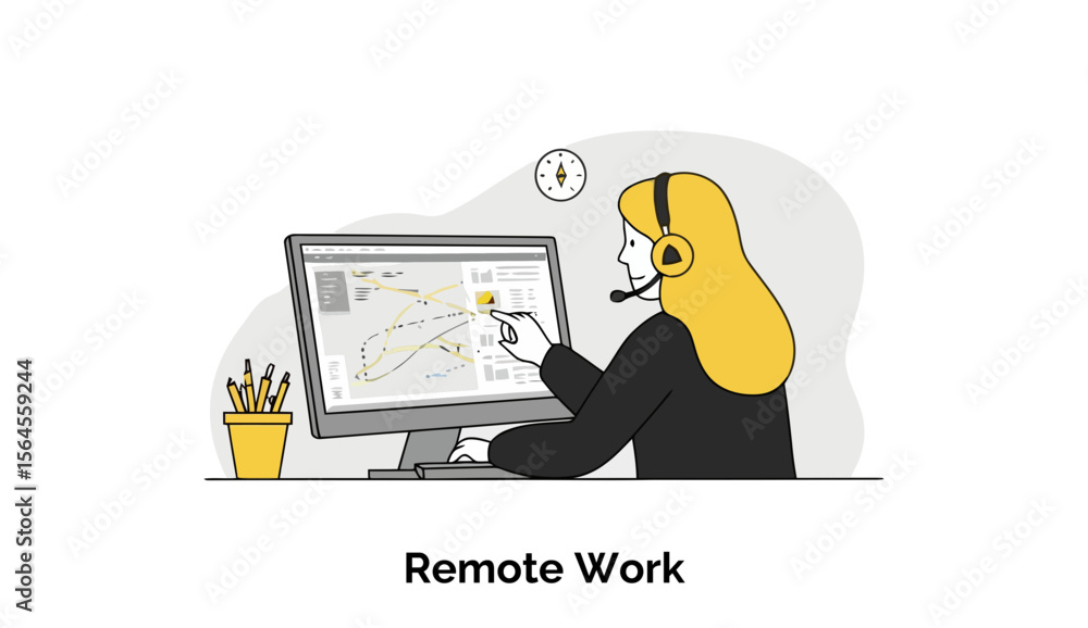 Poster female professional in hijab working remotely at a computer in a home office setting. pointing at a 