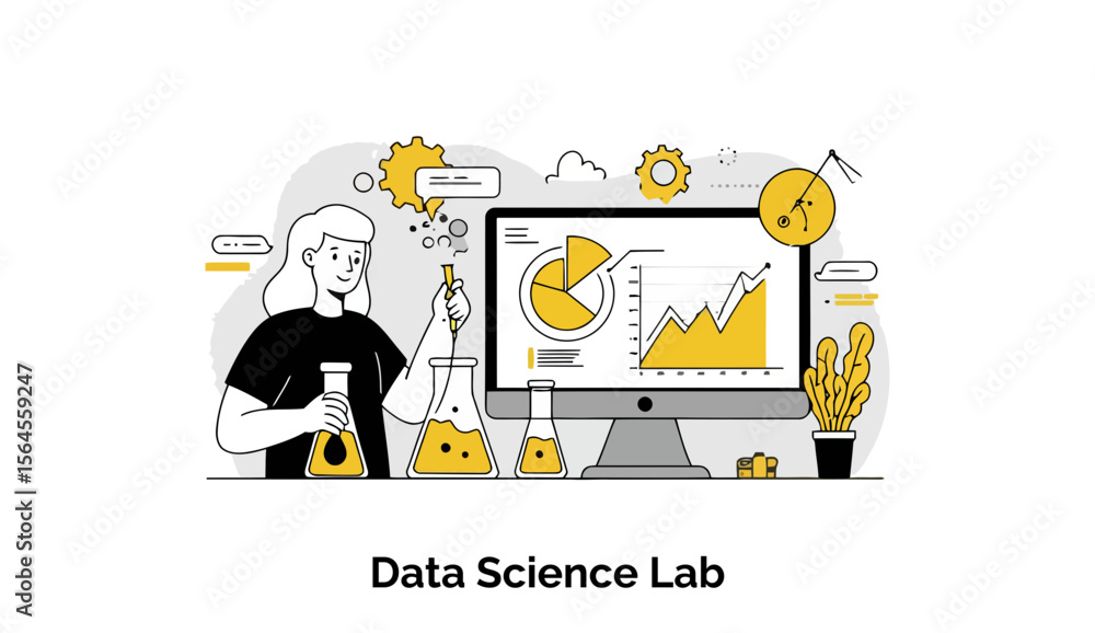 Poster Female data scientist in a black t-shirt working in a data science lab. Experimenting with beakers and computer display of data analysis graphs in the lab setting.