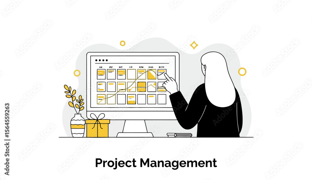 Poster a female project manager wearing a hijab is efficiently working at her office workspace, reviewing a