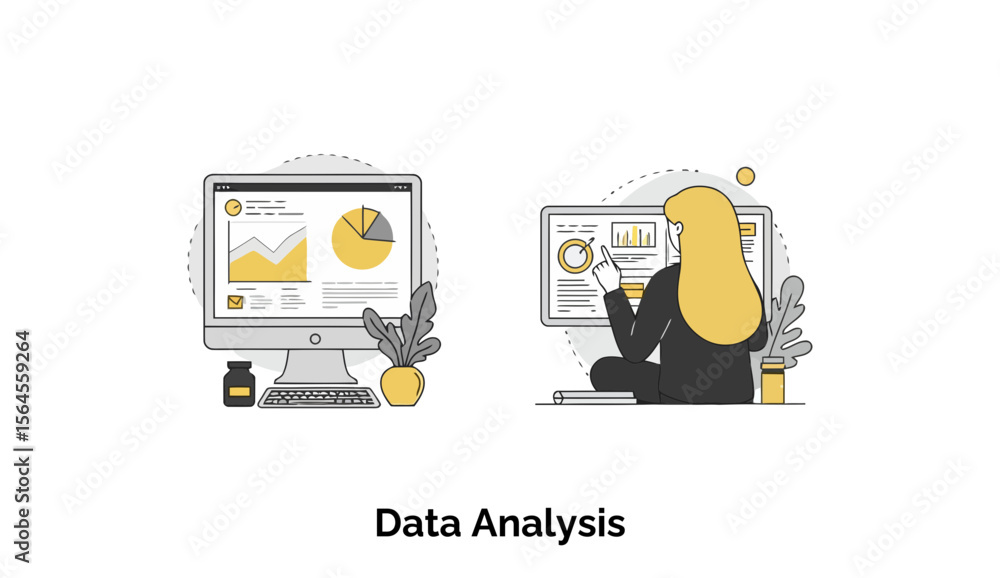 Aufkleber female data analyst reviewing business data on computer screens in an office setting. concentrated f
