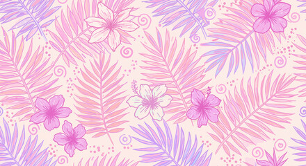 Fototapeta premium Tropical floral pattern with pink leaves and flowers on pastel background 