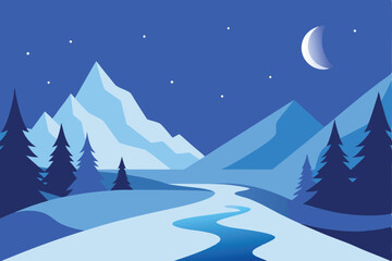 Serene Night Scene Mountains, River, and Crescent Moon