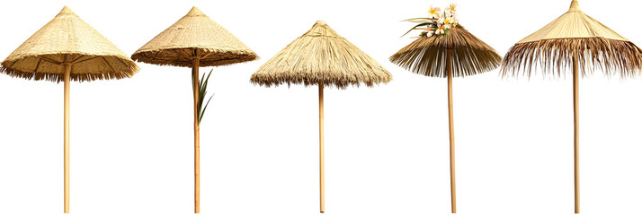 Tropical collection of tiki hut umbrellas, beach parasols on black background