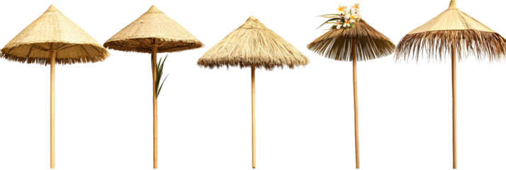 Tropical collection of tiki hut umbrellas, beach parasols on black background