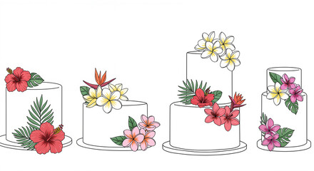 Wedding cakes decorated with tropical flowers in colorful design  