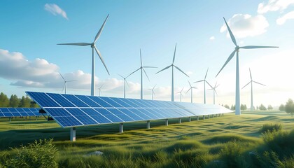 Modern solar farm and wind turbine field producing eco-friendly electricity in green nature and sunshine environment