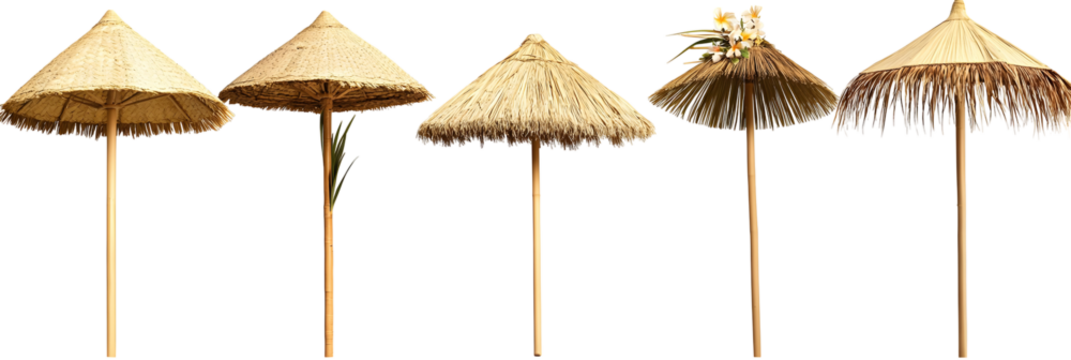 Tropical collection of tiki hut umbrellas, beach parasols on black background
