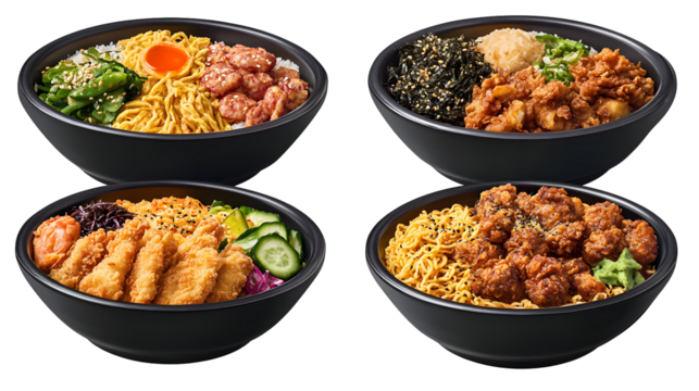 Assortment of delicious and enticing Japanese donburi bowls on a black background