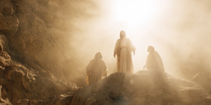 Jesus Christ with glowing light standing on a hill as men on their knees bow before him at sunset, religious concept.