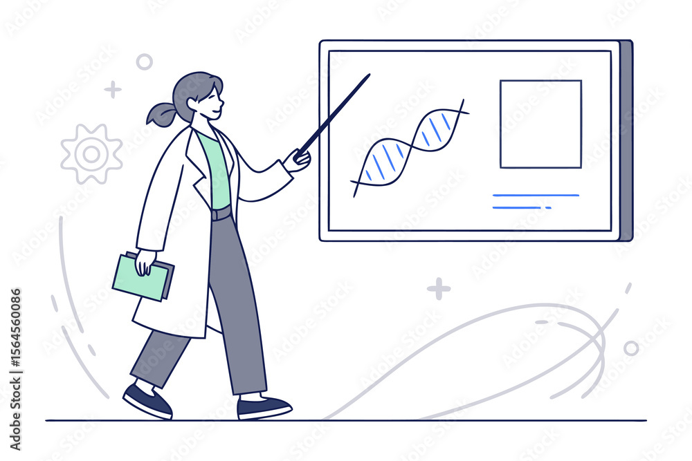 Poster scientist presenting dna structure and research findings with pointer and folder in modern minimalis