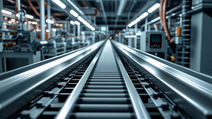 Fototapeta premium Industrial conveyor belt in a manufacturing facility, depicting a production line and modern automation.