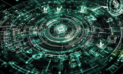 Futuristic digital interface with glowing green circuits and data streams, forming concentric circles - Powered by Adobe