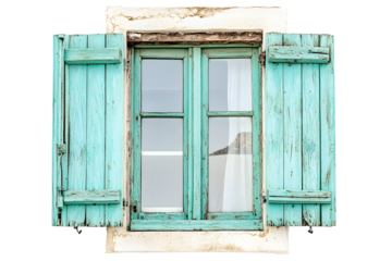 Charming turquoise window with wooden shutters set against a black background