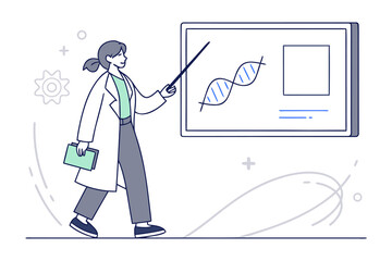 Scientist presenting dna structure and research findings with pointer and folder in modern minimalist style
