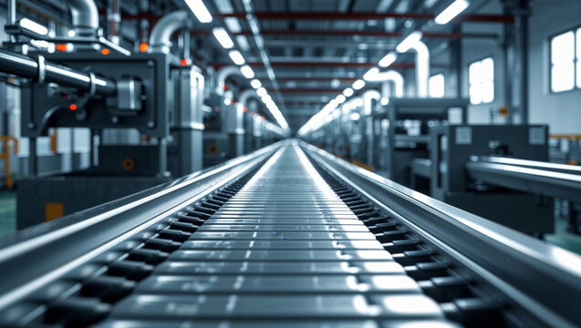 An industrial conveyor belt extends through a modern factory, showcasing production and logistics.