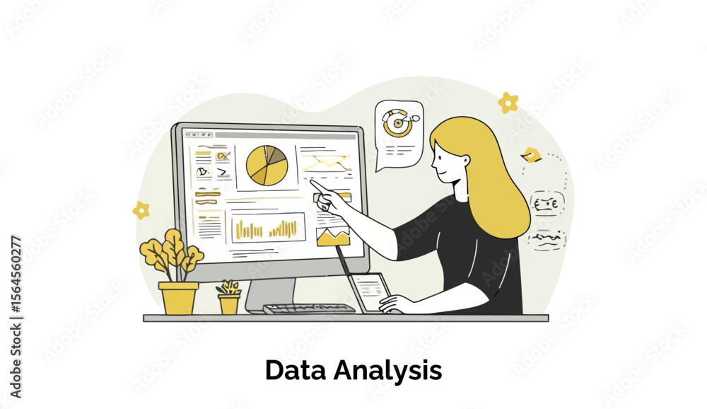 Poster a young woman in a black top points at a computer screen displaying data analysis graphs in a modern