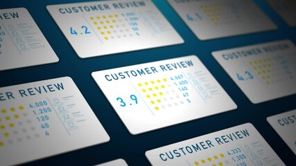 Multiple customer review cards with rating stars and user analytics displayed in isometric grid layout, looped animation