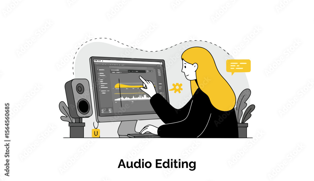 Poster young woman with blonde hair in business attire working at a computer with audio editing software. f