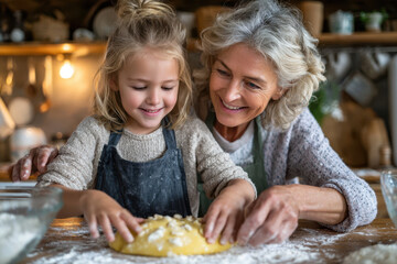 Grandmother and granddaughter baking dough together in a cozy kitchen