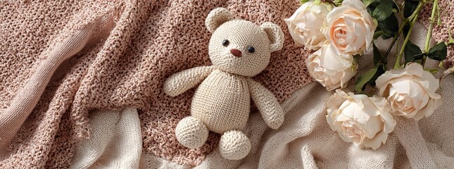 Extra wide banner flatlay image of knit plush stuffed child's toy bear in soft neutral colors with blanket and flowers. Good for product mockup scene creator, text background copy space. Great for you