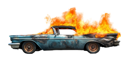 Convertible car engulfed in raging fire with extensive crash damage, charred metal and billowing smoke — high-resolution transparent PNG cutout ideal for emergency response visuals, vehicle accident