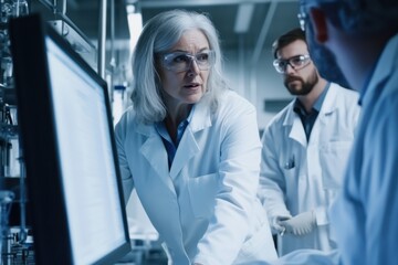 Senior scientist discusses research findings in modern laboratory with colleagues during evening shift