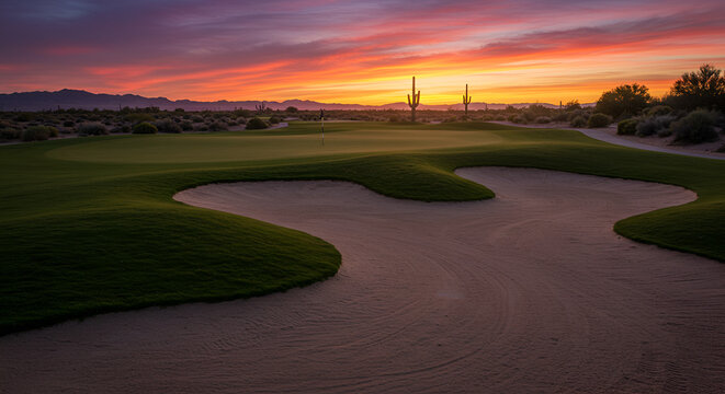 Sunrise over a golf course with sand traps