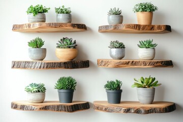 Scandinavian style plant shelf – indoor botanical arrangement. Concept of ecological interior design.