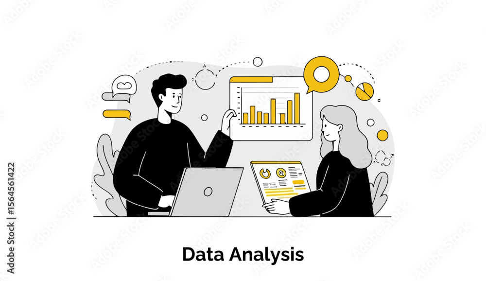 Poster young adults in business attire collaborating on data analysis in a modern office setting. presentin